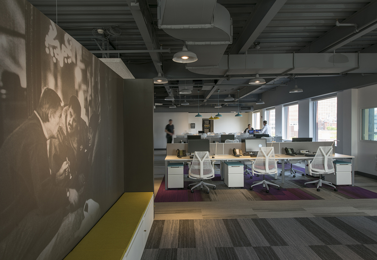 Photo of Boston Health Care for the Homeless, Photo by Peter Vanderwarker, Photo of main waiting area and photo of founder