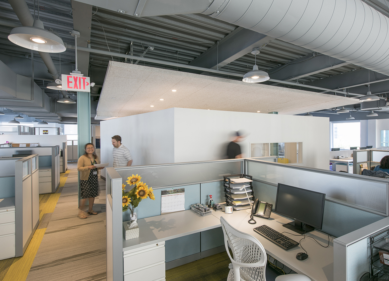 Photo of Boston Health Care for the Homeless, Photo by Peter Vanderwarker, View of employee desks and conference room