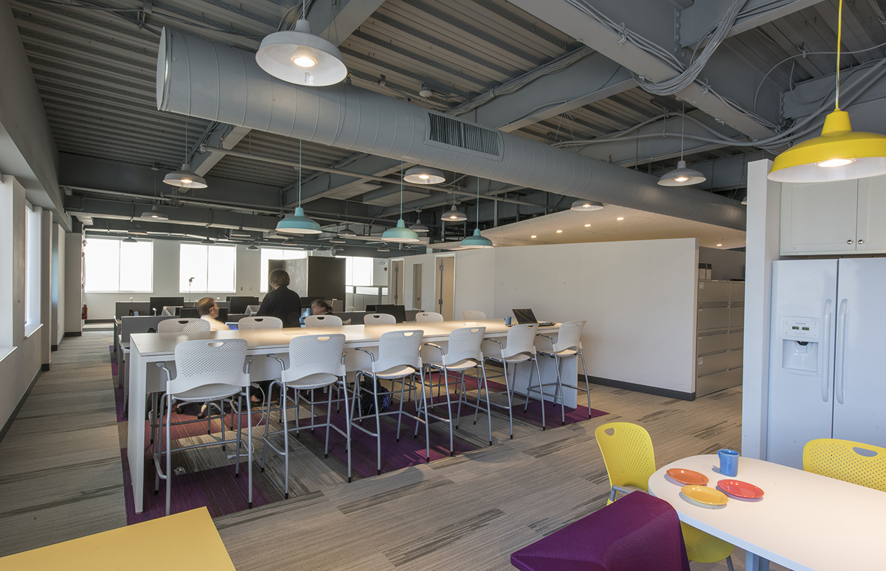 Photo of Boston Health Care for the Homeless, Photo by Peter Vanderwarker, View of high top communal space