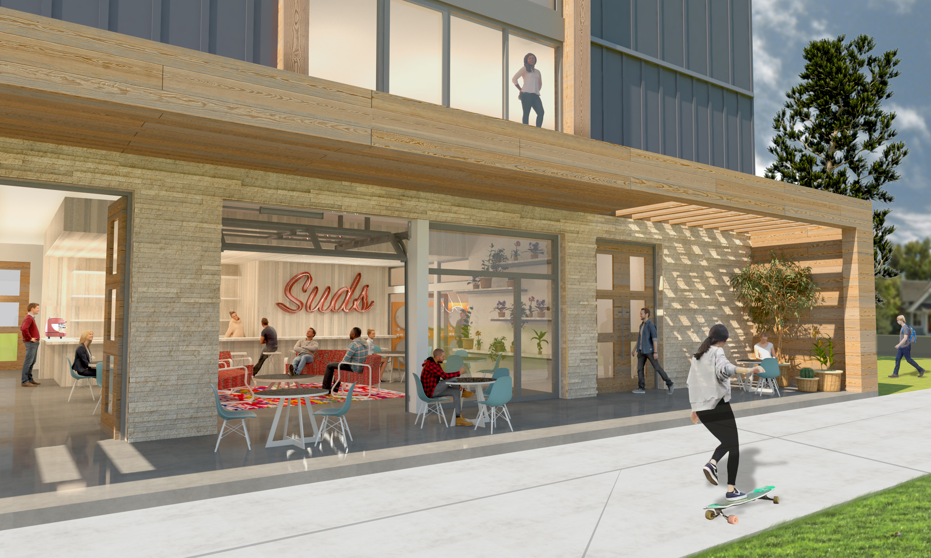 Rendering of Colorado College Housing, Cafe with outdoor seating and various communal spaces including a dorm room patio and sidewalk