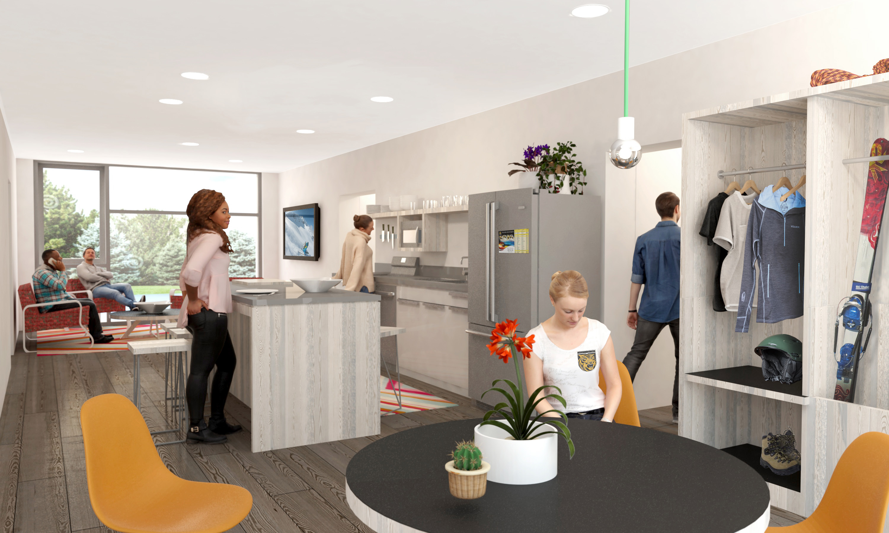 Rendering of Colorado College Housing, Upper classmen's kitchen and communal living space