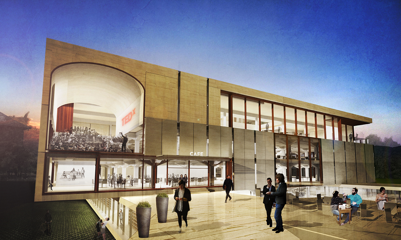 Rendering of Colorado College - Tutt Library Revisioning, Rear facade with outdoor patio and commual seating