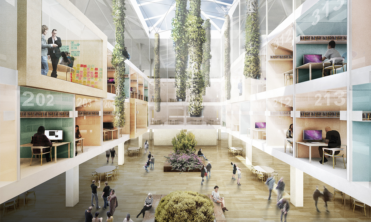 Rendering of Colorado College - Tutt Library Revisioning, Daylight atrium showcasing private study rooms