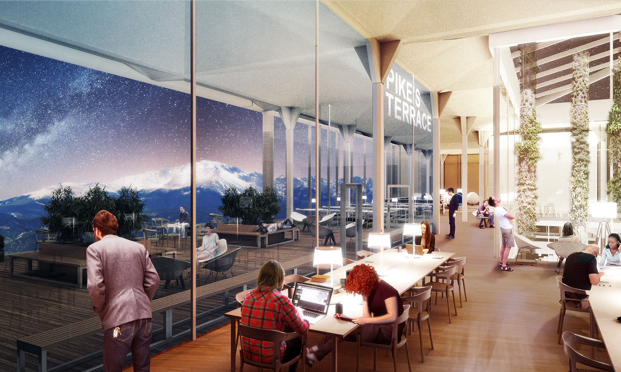 Rendering of Colorado College - Tutt Library Revisioning, Cafe and communal seating area overlooking college campus and mountains beyond