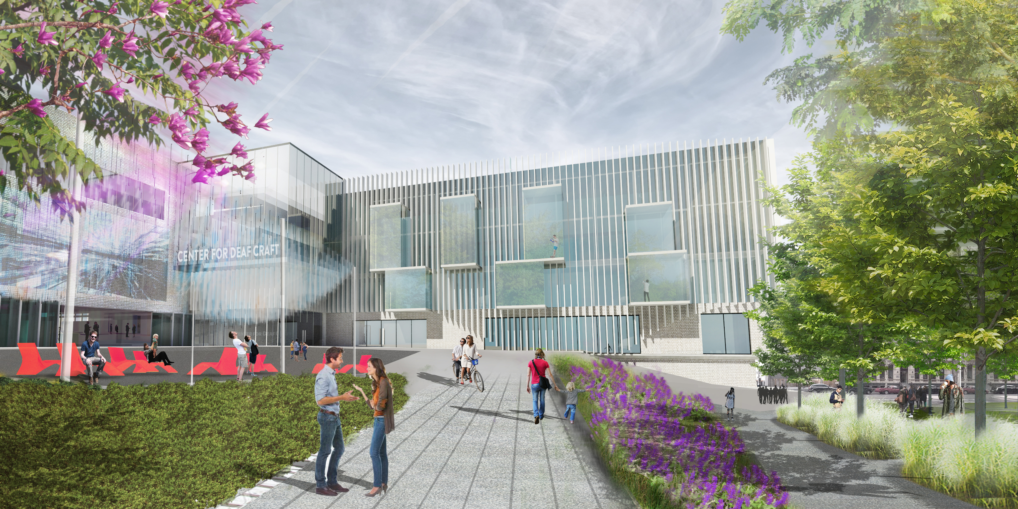 Gallaudet University Design Competition. Rendering of an outdoor walkway to a campus center. Students walk along the path, talking to each other.