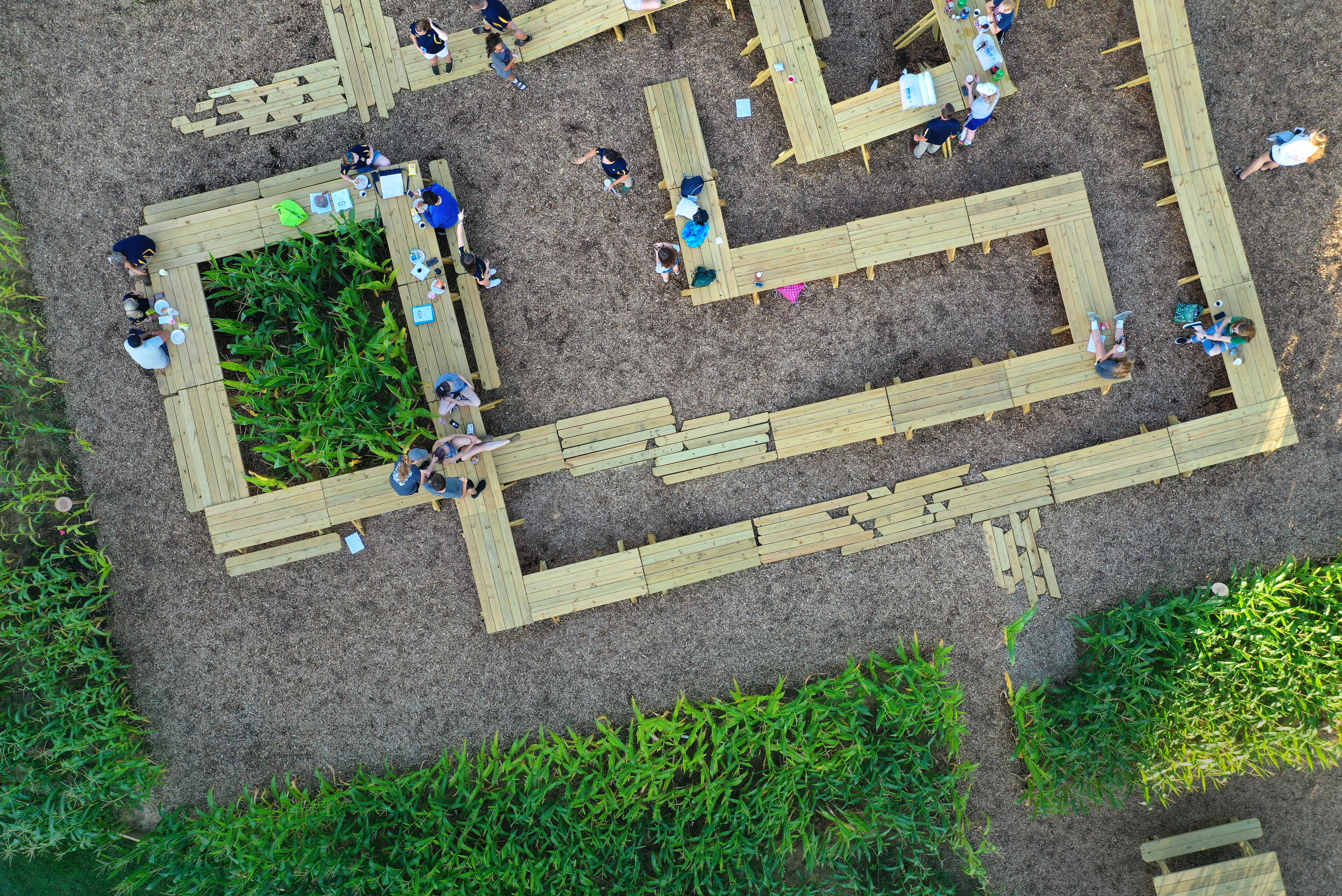 An aerial view of Corn / Meal, an installation at Central Middle School in Columbus, IN as part of Exhibit Columbus 2019