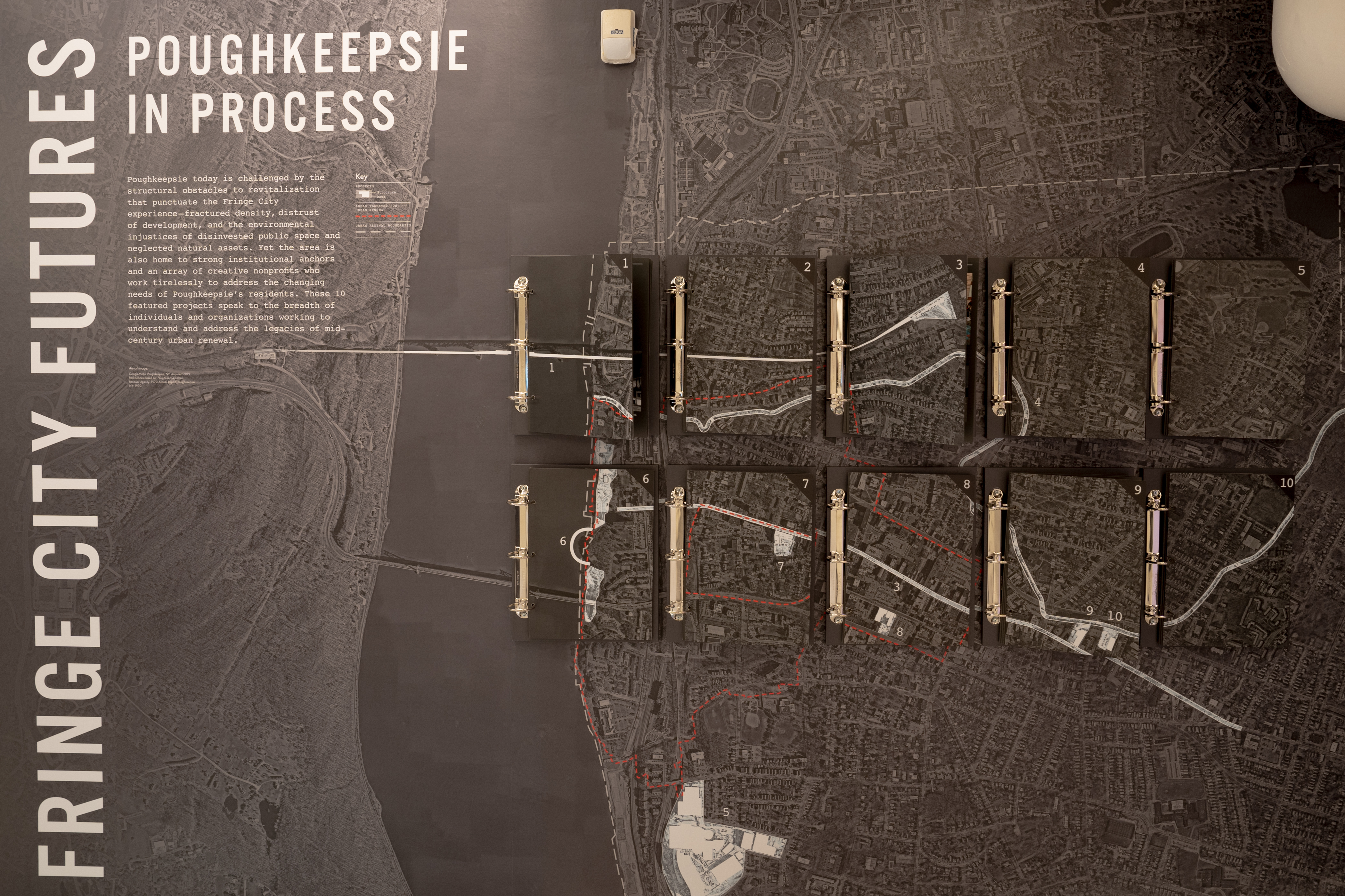 Gallery wall of the Fringe Cities exhibition, showcasing urban renewal in Poughkeepsie New York