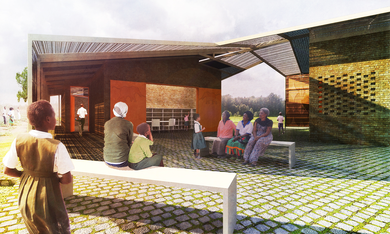 Rendering of Lupani African Conservation School, communal seating area