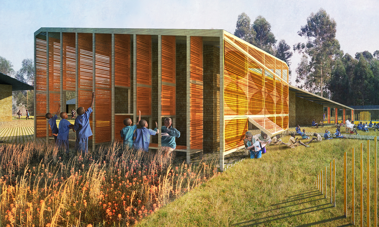Rendering of Lupani African Conservation School, View of front facade with weaved screen on school building