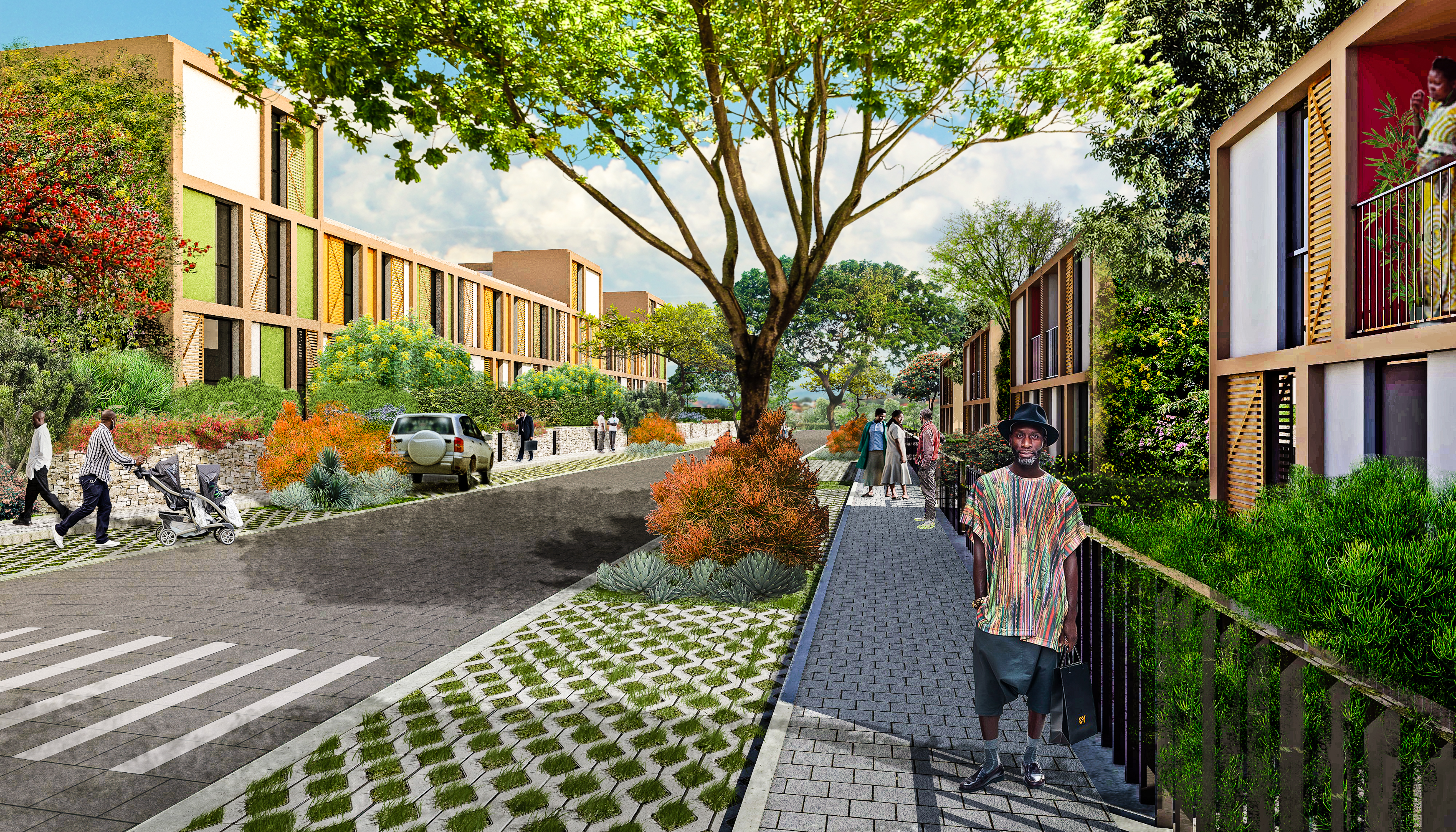 A render of the Masaka Affordable Housing from the street