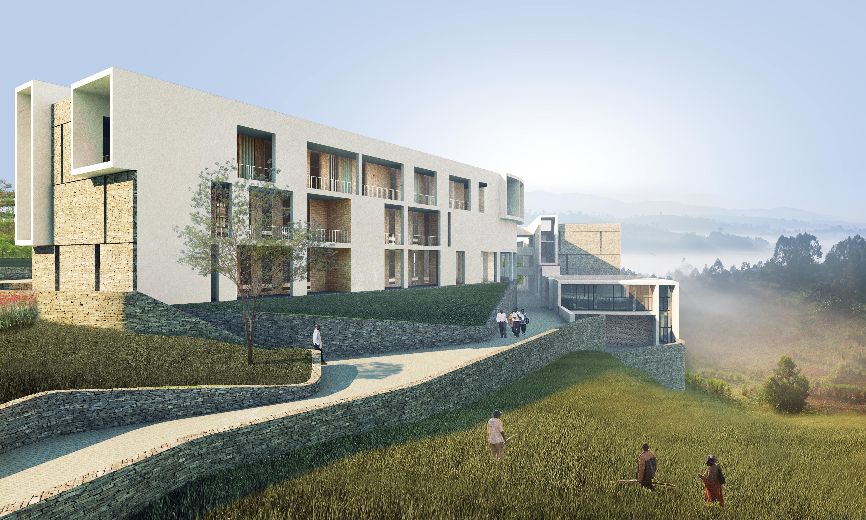 Rendering of Munini District Hospital, View of hilly landscape and exterior of the building
