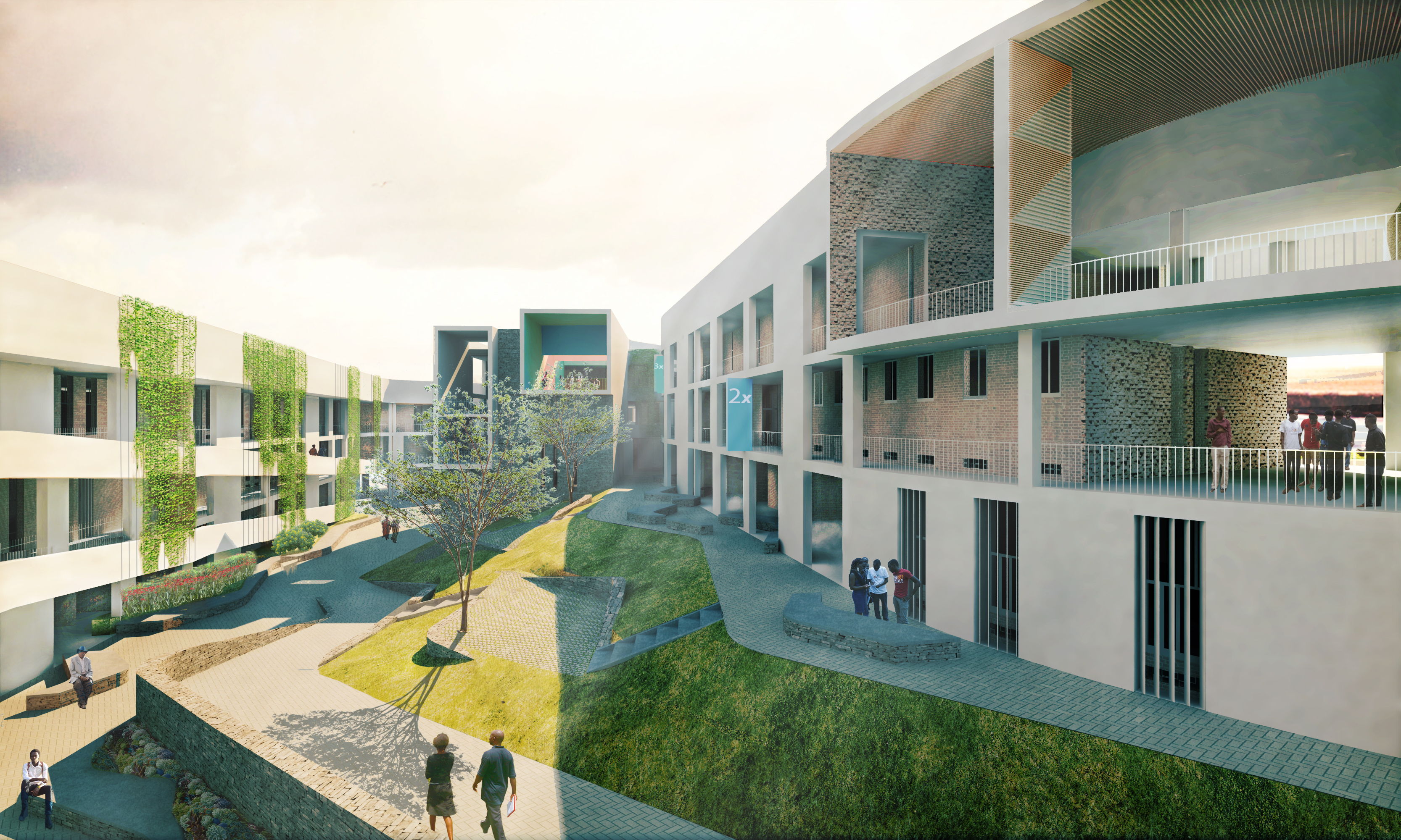 Rendering of the Munini District Hospital, Courtyard in between patient care wards
