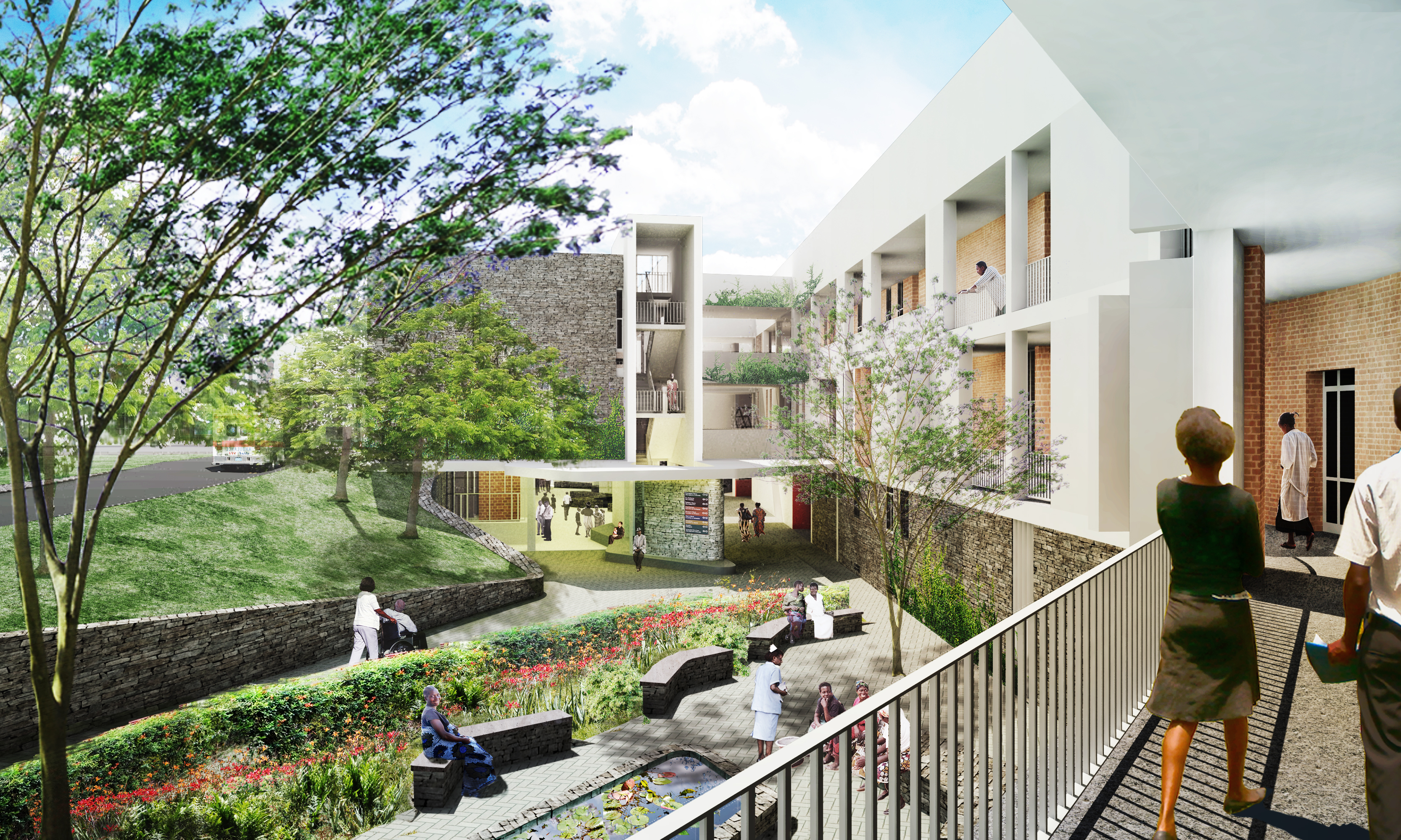 Rendering of the Munini District Hospital, view from upper level hallway to courtyard below