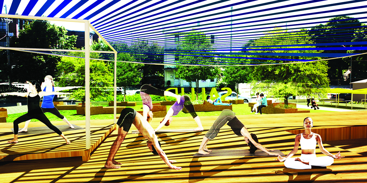 Rendering of Neighborhood Health Stations of Rhode Island, Yoga and recreational space on raised patio