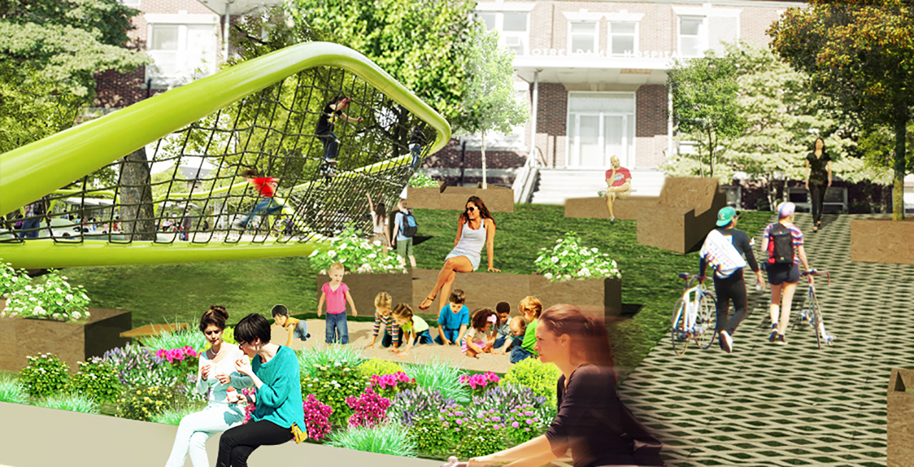 Rendering of Neighborhood Health Stations of Rhode Island, View of courtyard and playground