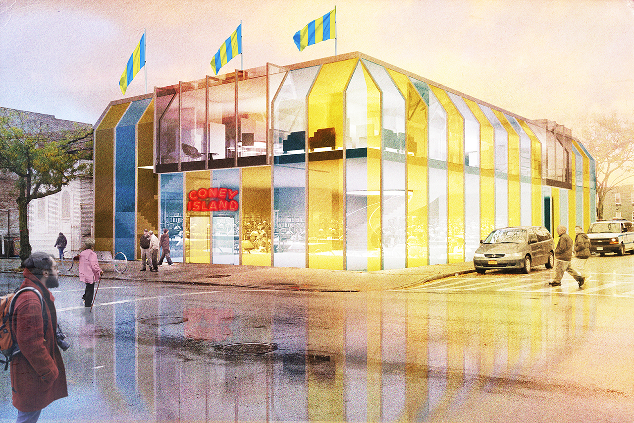 Rendering of New York Public Branch Libraries Revisiting, Proposal for the Coney Island building, Exterior view
