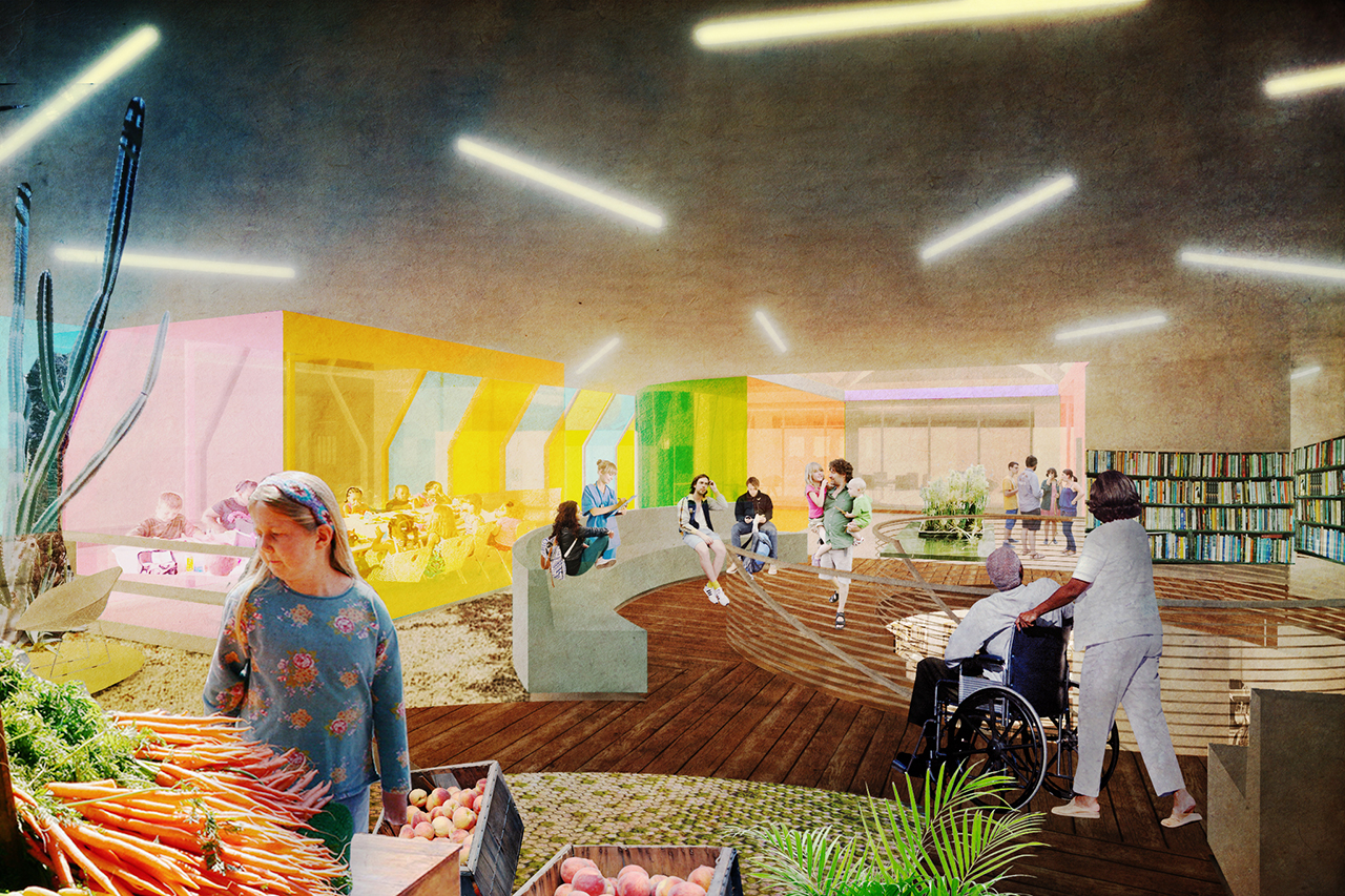 Rendering of the New York Public Branch Libraries Re-envisioning, Coney Island farmers market interior