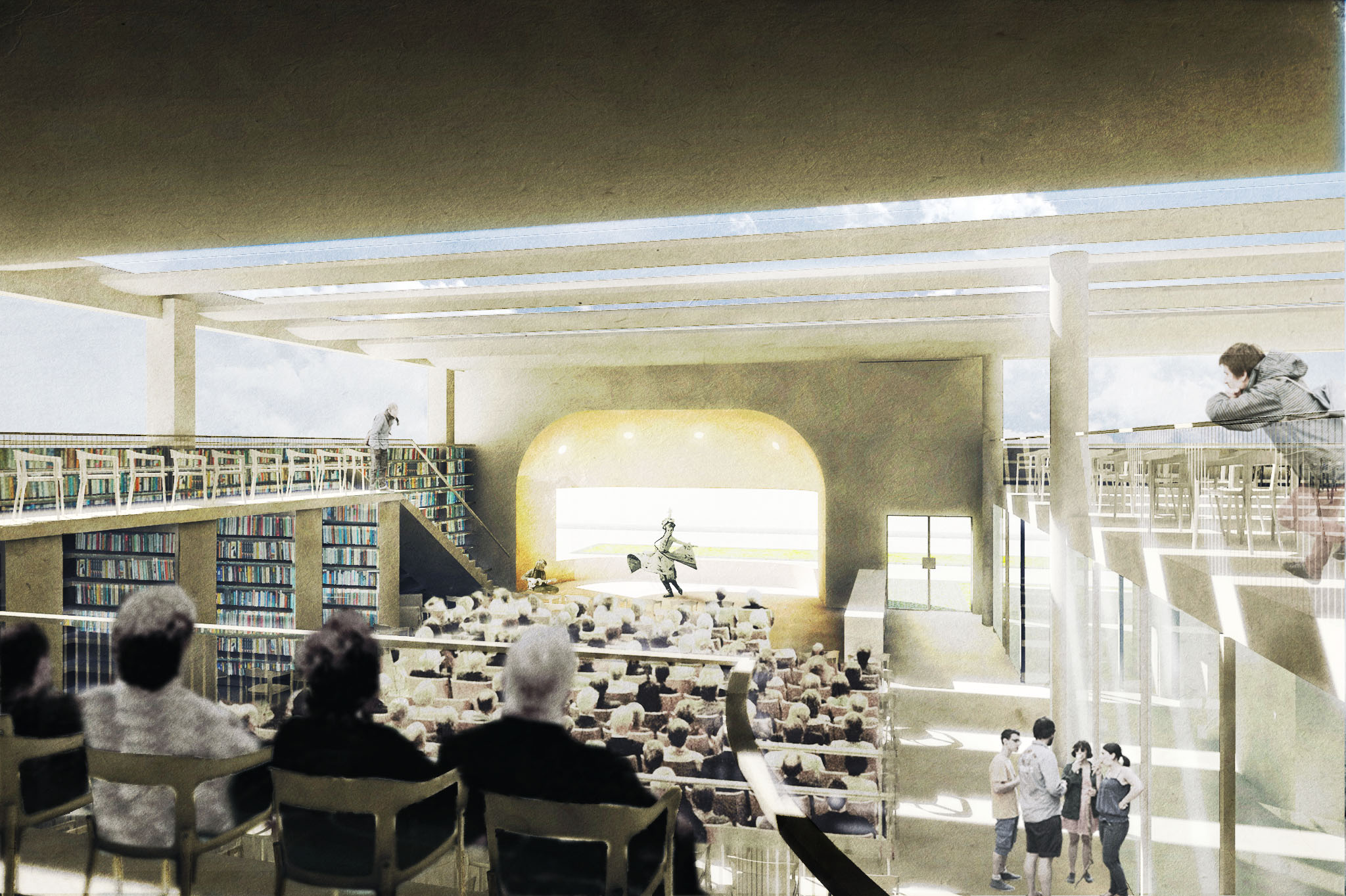 Rendering of New York Public Branch Libraries Revisiting, Proposal for the Coney Island building, Interior view