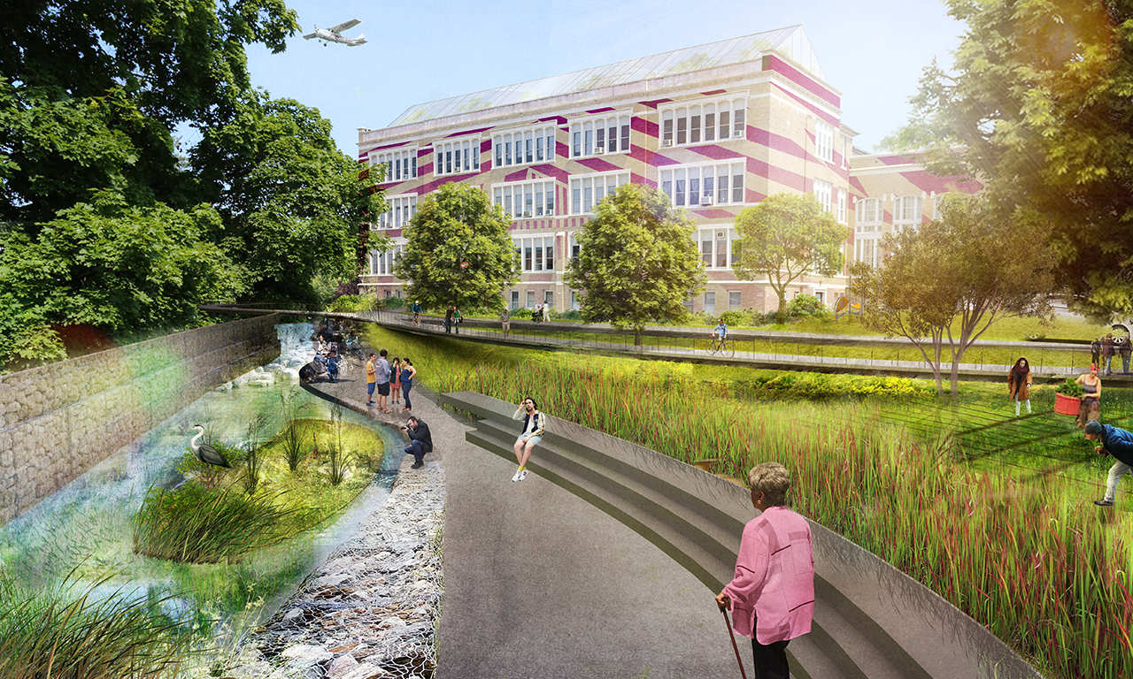 Rendering of the Poughkeepsie Family Partnership Center, View of the Building from the river with passerbys enjoying the outdoors