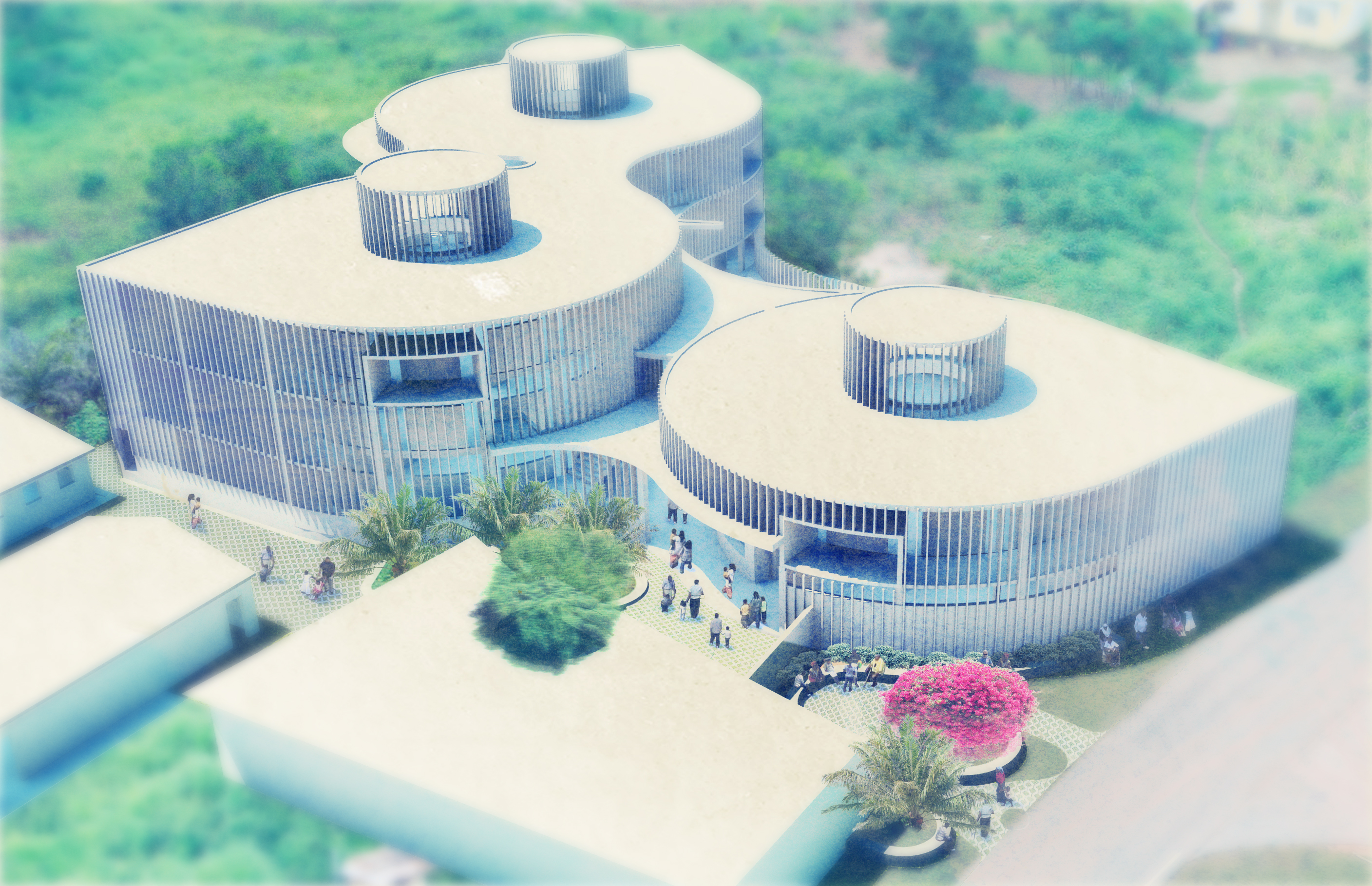 Rendering of Redemption Hospital, Aerial View of the Front Entrance Facade