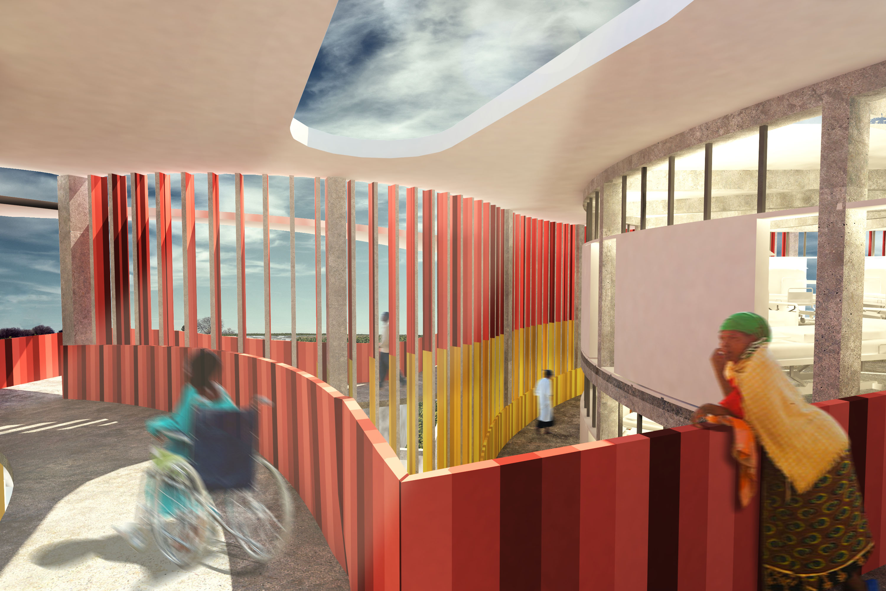 Rendering of Redemption Hospital, Interior Ramp with views to patient interaction