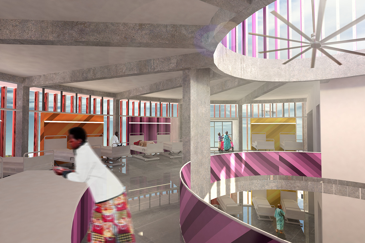 Rendering of Redemption Hospital, View of hospital corridor and central atrium