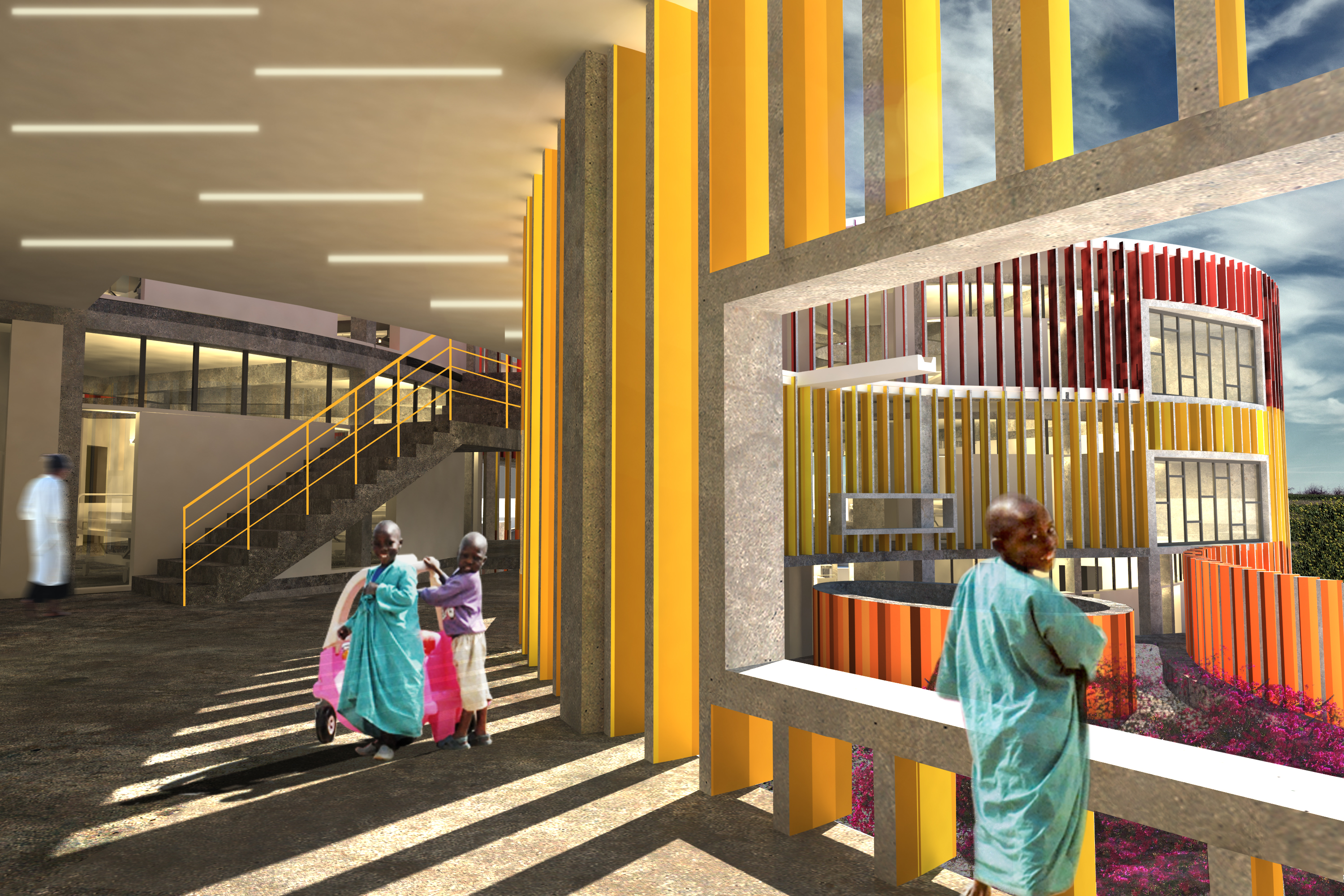 Rendering of Redemption Hospital, View of interior corridor and patient interaction