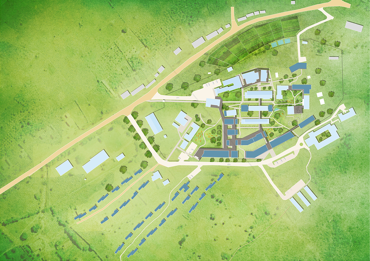Rendering of Rwinkwavu 20 Year Masterplan, Masterplan from an aerial view